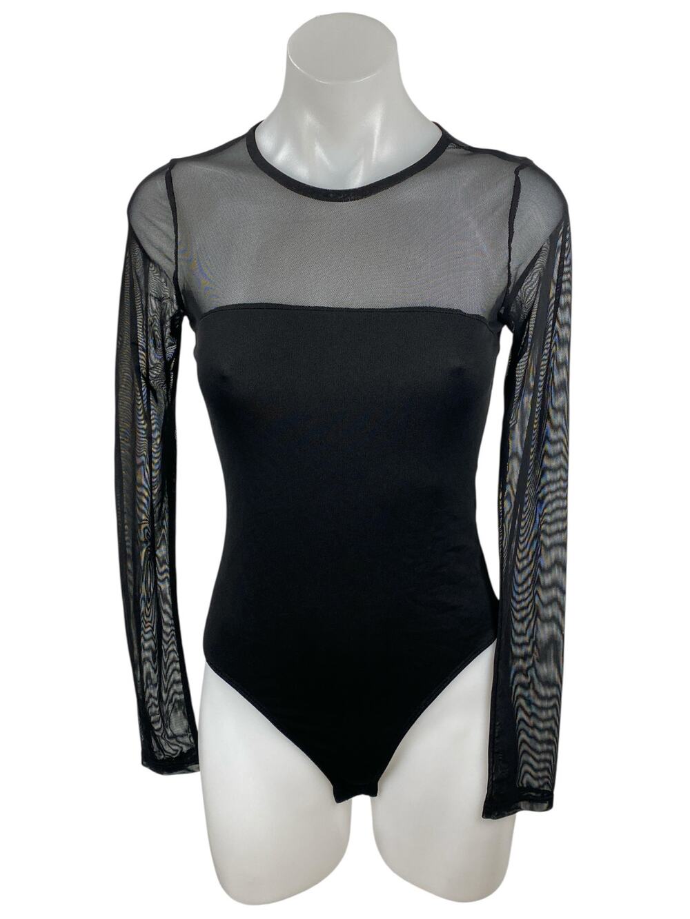 Blue Blush Women's Black Mesh Sheer Long Sleeve Crew Neck Bodysuit Top Size S